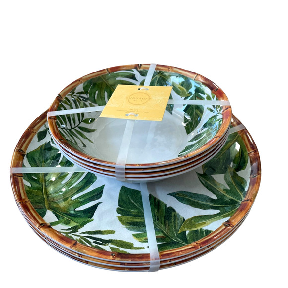 BUNGALOW Tropical Bamboo Banana Leaf Melamine 11" Dinner Plate Set of 8 NEW - Picture 10 of 10